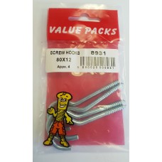 Value Pack 80mm x 12g Screw Hooks Zinc 3 Per Pack Value Pack 80mm x 12g Screw Hooks Zinc 3 Per Pack